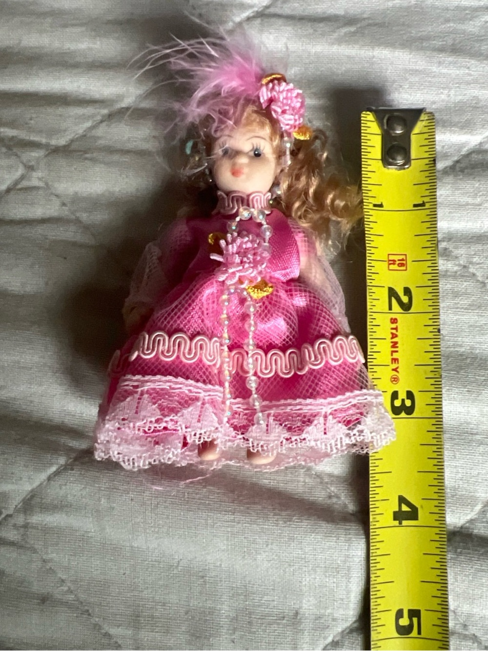 Pink Mini Doll with Lace Dress and Feathered Headpiece - Brand Unspecified